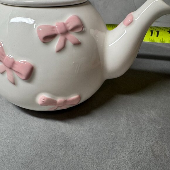 Lang Pink Bow White Pink Hand Painted Ceramic‎ Teapot NEW WITH TAG - Picture 8 of 9